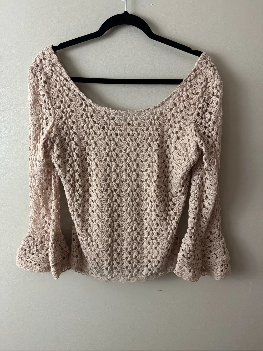 Free People Crochet Scoop Neck Bell Sleeve Top Medium Minimalist Cottagecore